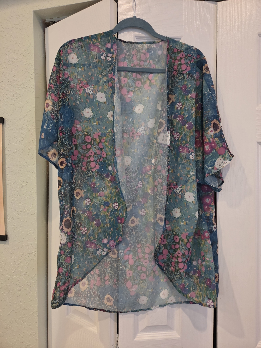 Sheer Floral Open-Front Kimono Cardigan - Teal Floral